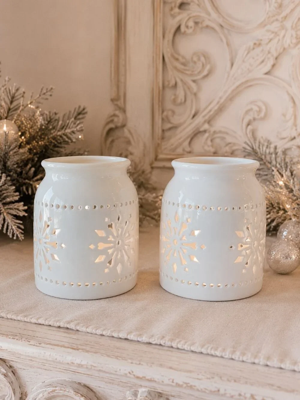 Set of 2 Charming Ivory Snowflake Cutout Luminiary Candleholders